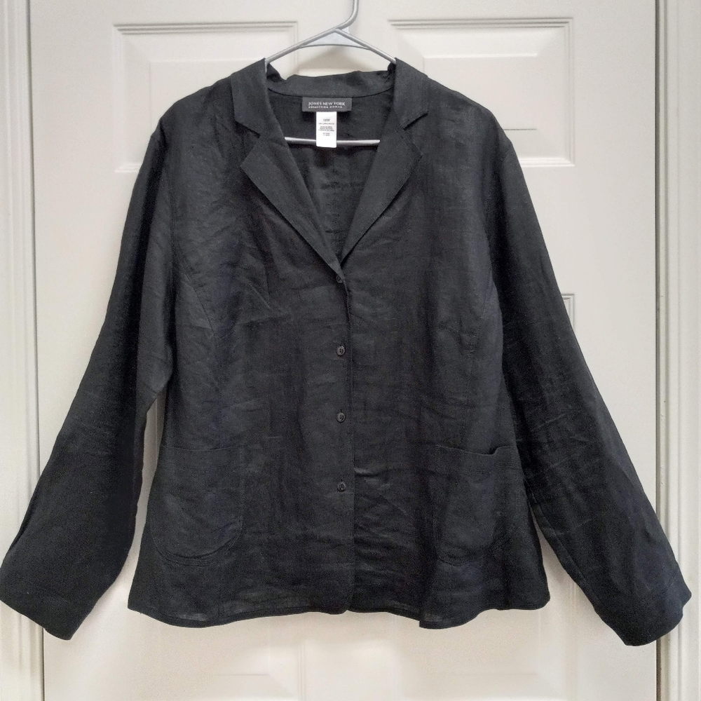 Jones New York 100% Linen Button Front Top Black 18W Lagenlook Coastal Relaxed